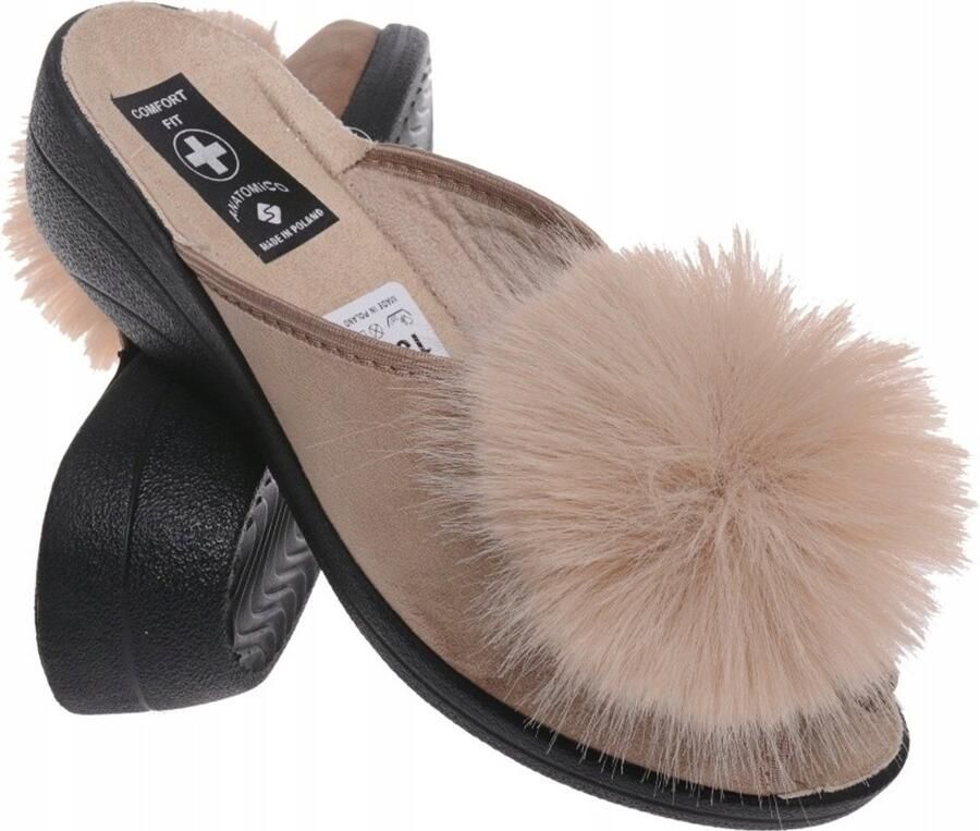 Dames Pantoffels met Pompon Beige