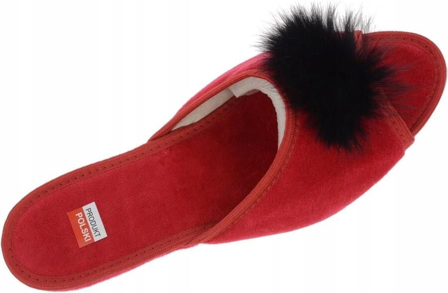 Dames pantoffels met pompon wedge Pools rood