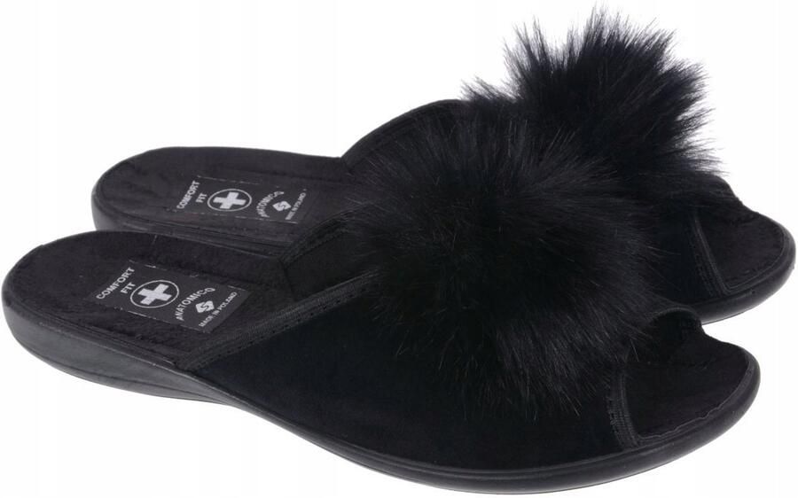 Dames pantoffels met pompon zwart