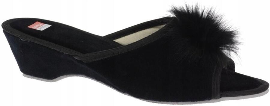Dames pantoffels met pompon zwarte wedge Pools