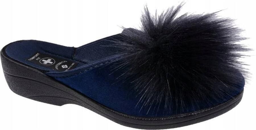 Dames Pantoffels Natuurlijk Leer Marineblauw met Pompon