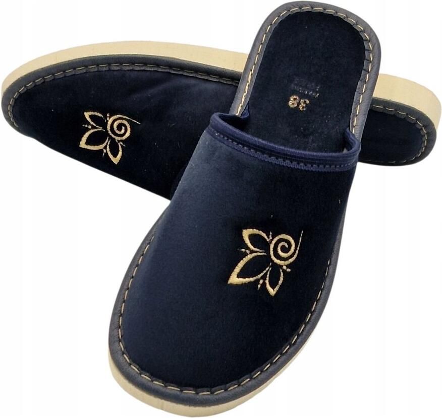 Dames pantoffels navy blauw comfortabele huisschoenen met borduurwerk