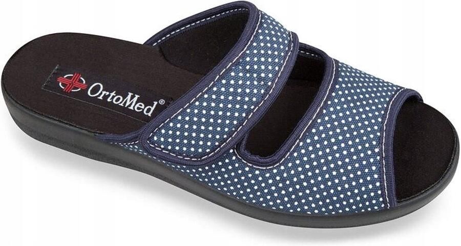 Dames pantoffels navy met stippen verstelbare klittenbandsluiting