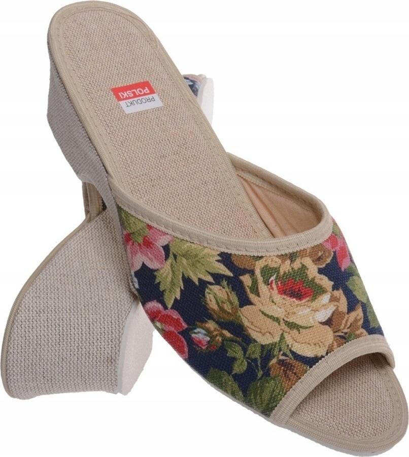 Dames pantoffels op sleehak linnen bloemenprint marineblauw