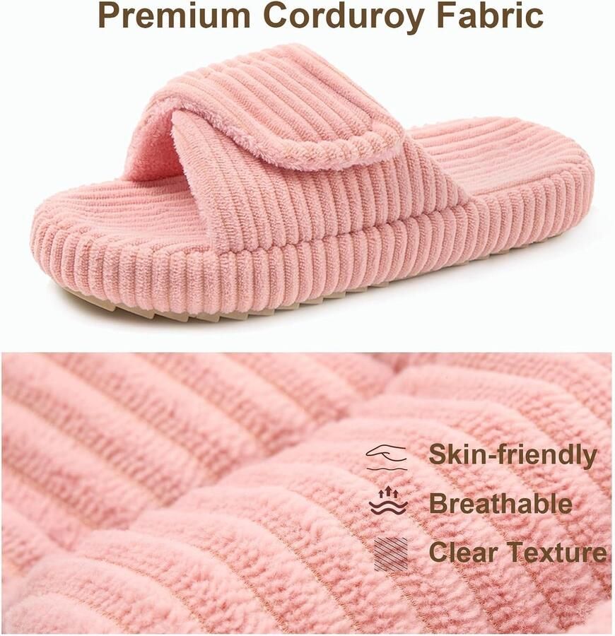 Dames Pantoffels Open Teen Corduroy Ajusteerbare Slides met Memory Foam Antislip Comfortabel Zacht