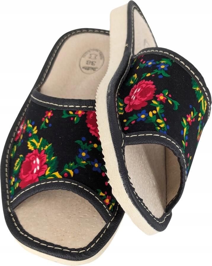 Dames Pantoffels Regionaal Leer Zwart Bloemen