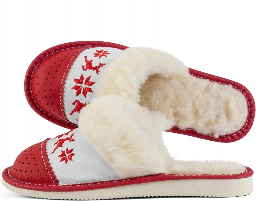 Dames Pantoffels Rood Leer & Wol Warme Winter Slaapkamers