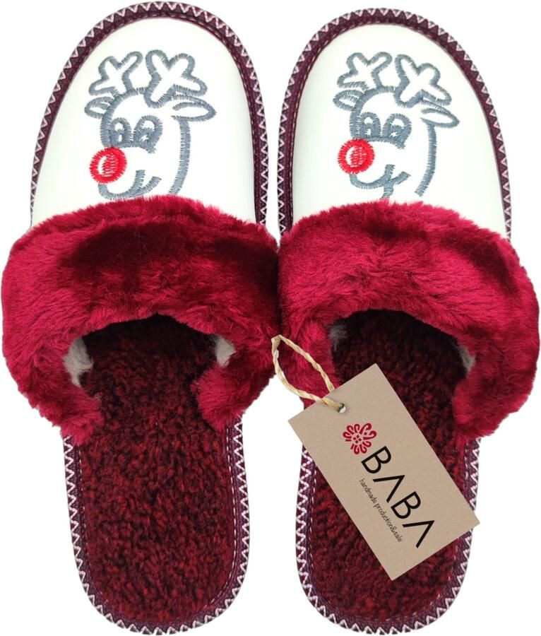 Warme Dames Pantoffels met Rendier Leder & Wol Rood