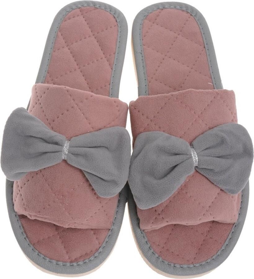 Dames Pantoffels Roze Zacht Velours met Strik