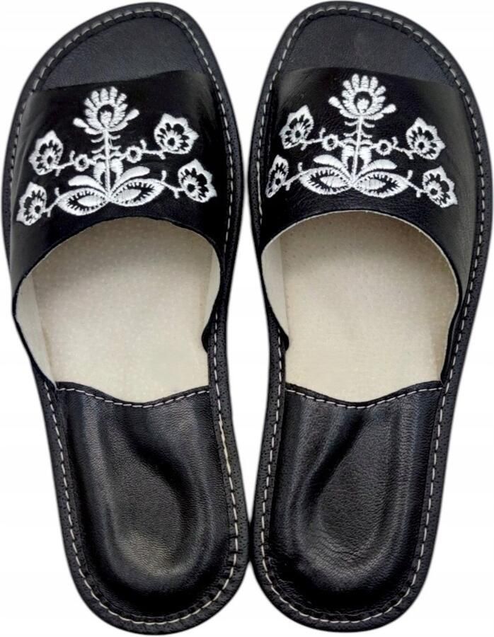 Dames Pantoffels Leer Zwart Bloemen Comfortabel