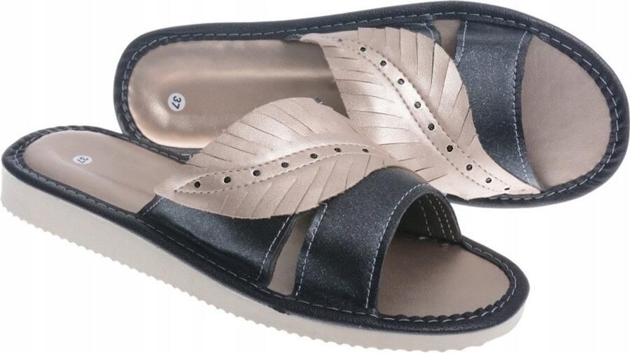 Dames Pantoffels Leer Zwart Goud
