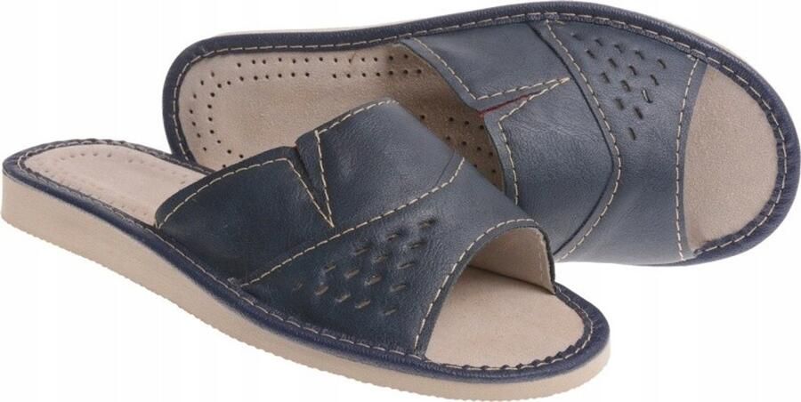 Dames pantoffels van leer breed model navy blauw