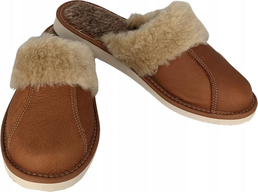 Dames Pantoffels van Leer en Wol Bruin
