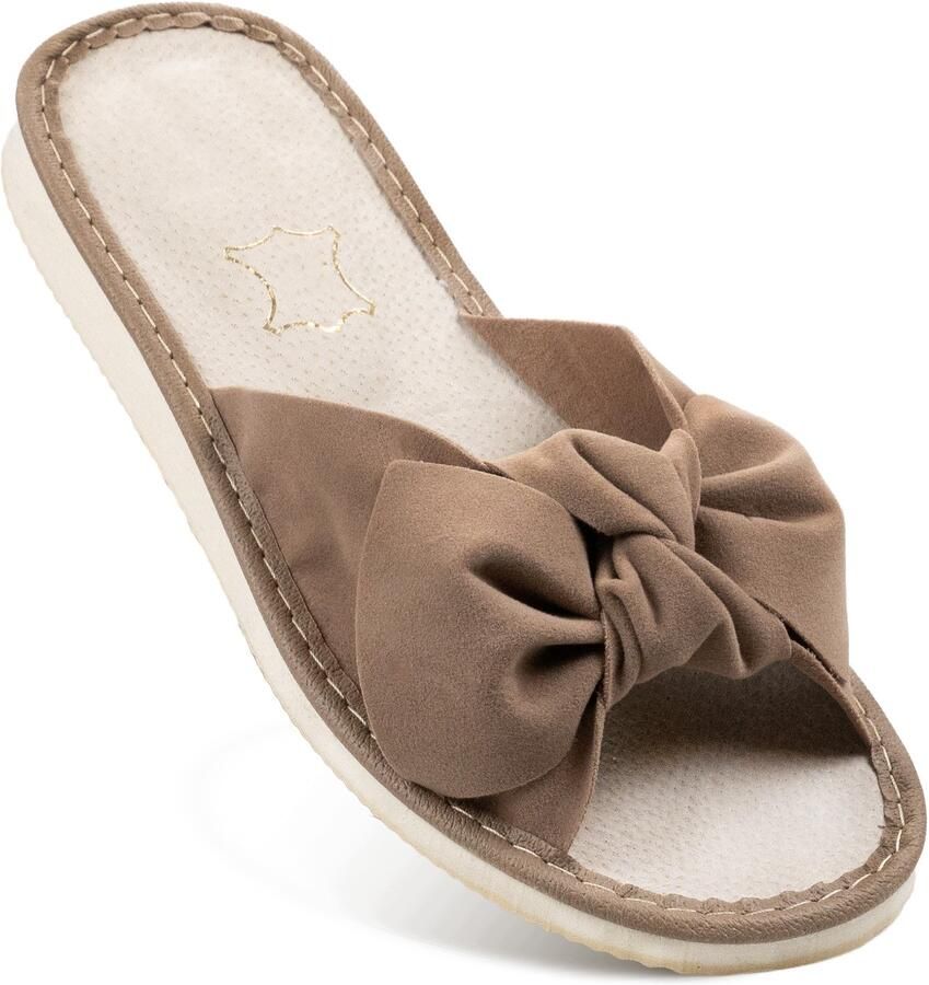 Dames pantoffels van leer met strik Beige
