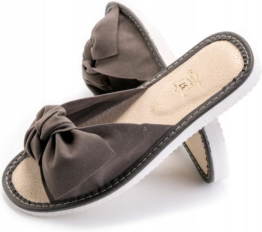 Dames pantoffels van leer met strik Grijs