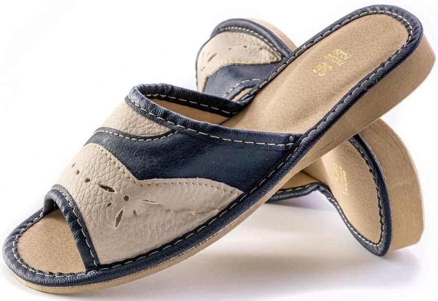 Dames Pantoffels van Leer Open Hiel Wit-Marineblauw