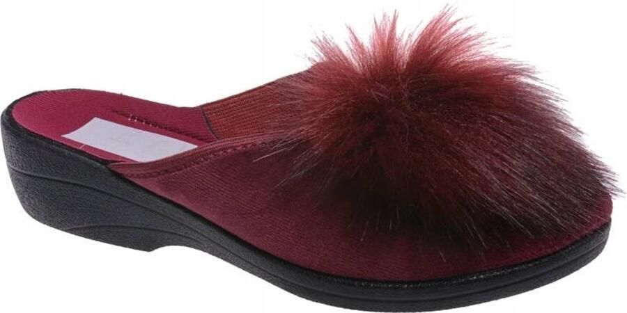 Dames pantoffels van natuurlijk velours met pompon bordeauxrood
