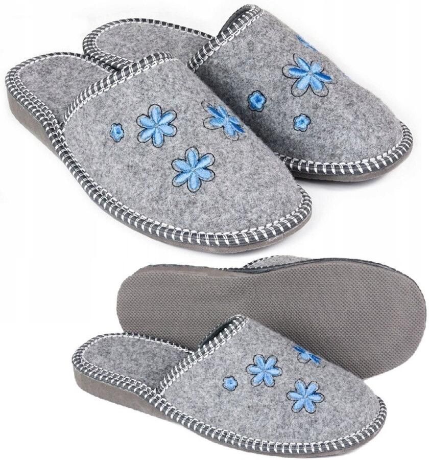 Dames pantoffels grijs met bloemen warm en licht
