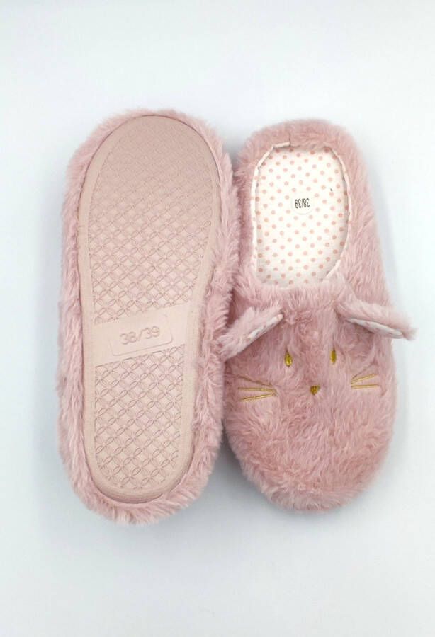 Dames pantoffels warme zachte instap sloffen voor vrouwen konijntje fantasie met antislip roze