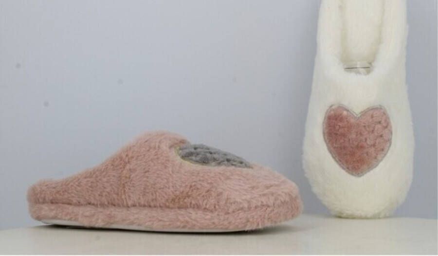 Dames pantoffels warme zachte instap sloffen voor vrouwen roze met grijs hartje antislip zool - Foto 2