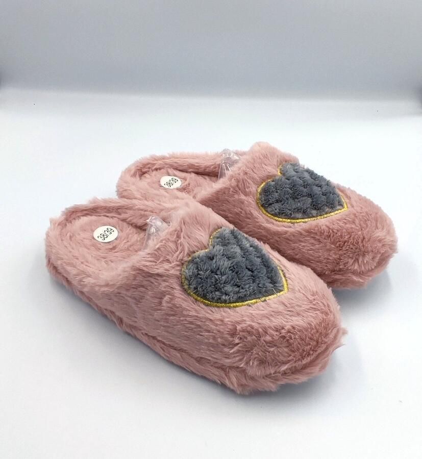 Dames pantoffels warme zachte instap sloffen voor vrouwen roze met grijs hartje antislip zool