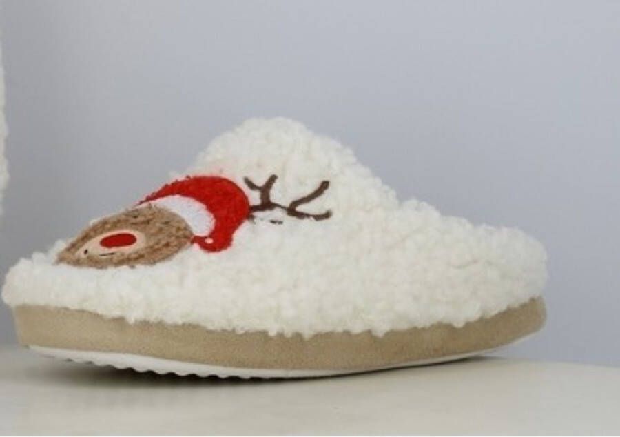 Dames pantoffels warme zachte instap sloffen voor vrouwen wit met rendier icoontje