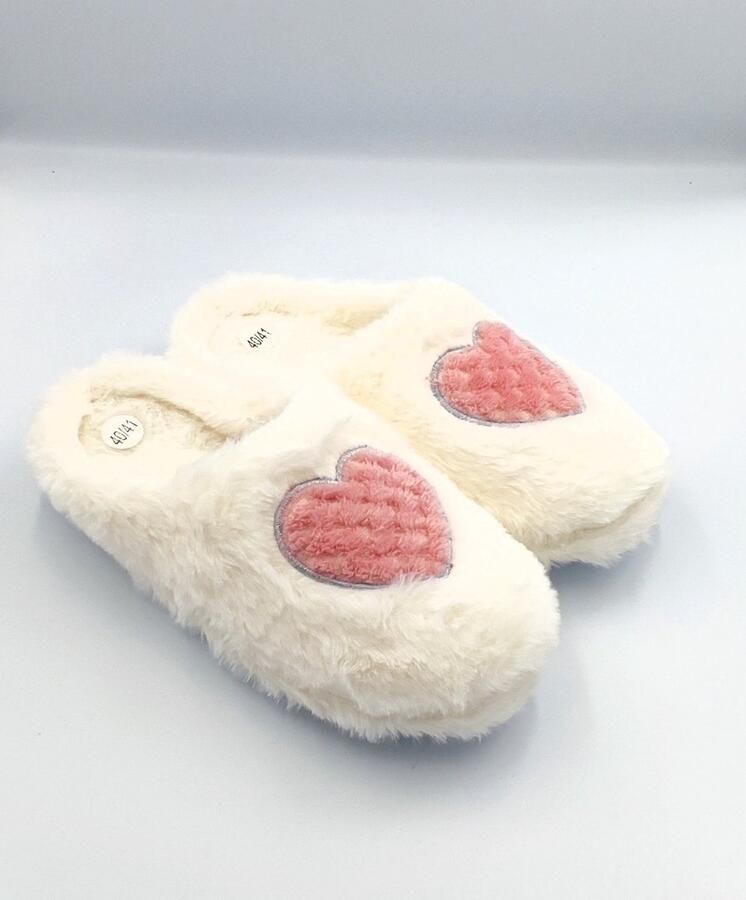 Dames pantoffels warme zachte instap sloffen voor vrouwen wit met roze hartje antislip zool