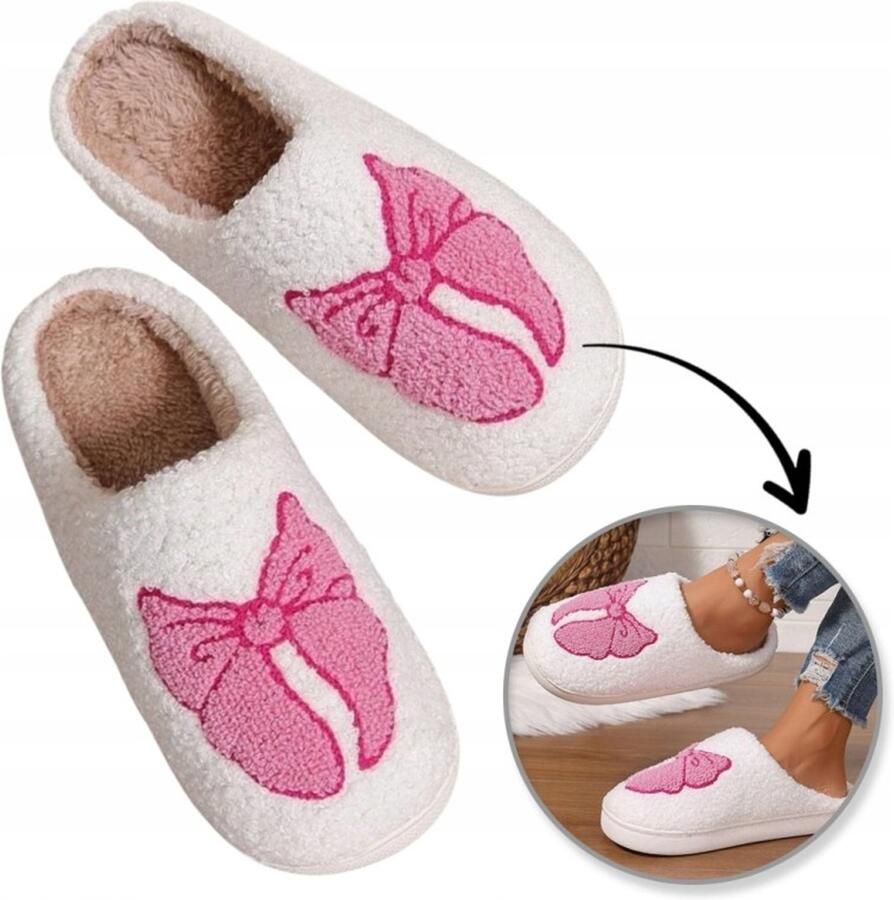 Dames Pantoffels Wit met Roze Strik Antislip