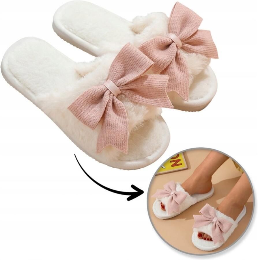 Dames Pantoffels Wit met Roze Strik Warm & Comfortabel