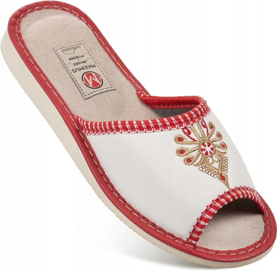 Dames pantoffels wit-rood met traditionele borduursel