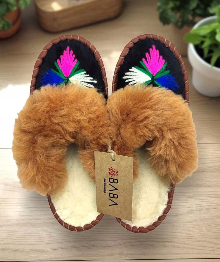 Dames Pantoffels Wol & Leer Warme Handgemaakte Slipper