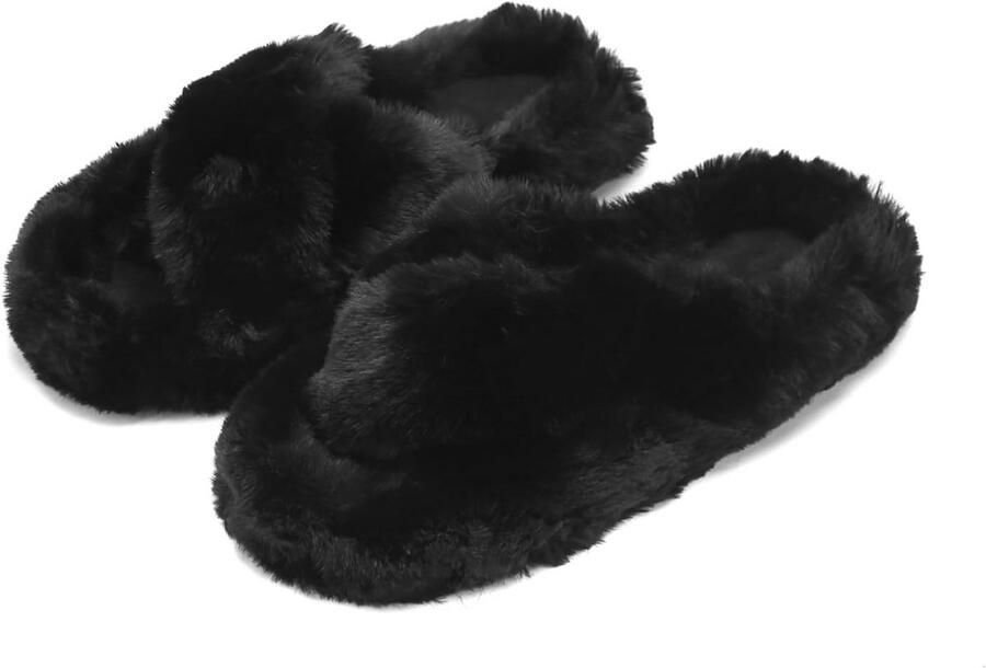 Dames Pantoffels Zacht Pluche Plat Binnenhuis Pluizig Kruisband Open Teen Winter Slipper