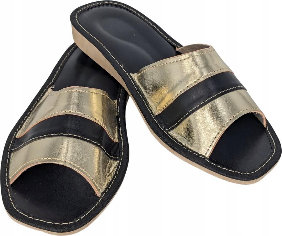 Dames Pantoffels Zwart-Goud Gestreept Leerlook Comfortabel