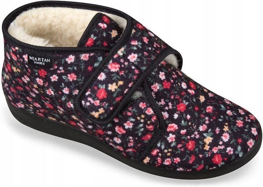 Dames pantoffels zwart met bloemenprint klittenband warm gevoerd