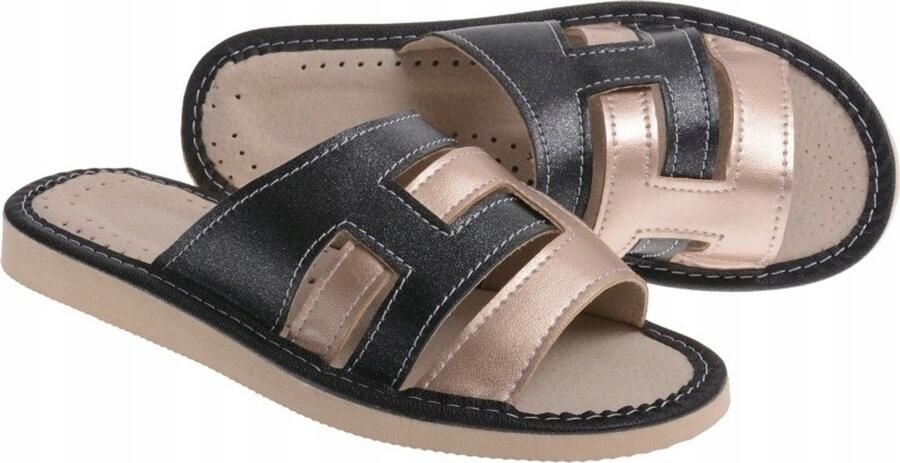 Dames Pantoffels Zwart Goud Comfortabele Leren Binnenzool