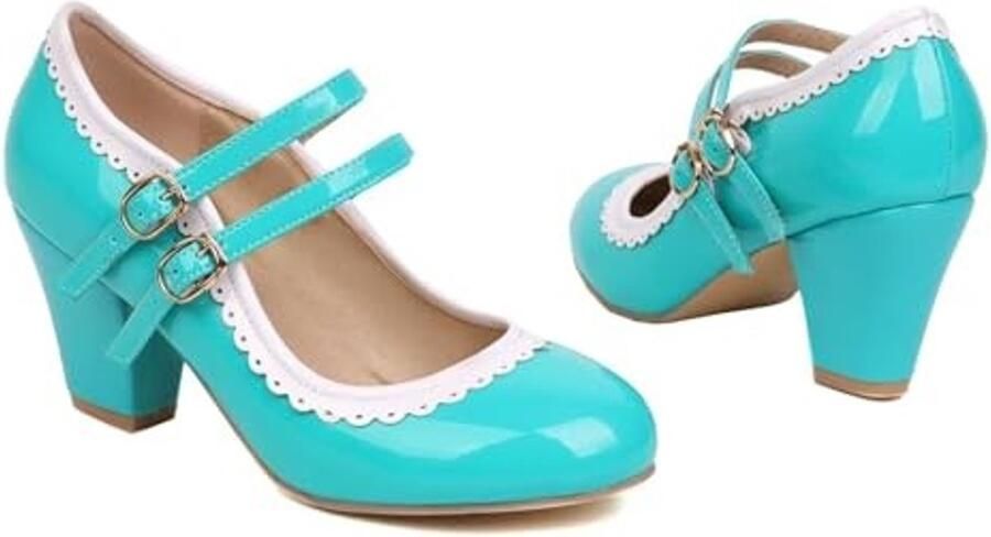 Dames Patent Mary Jane Pumps met Blokhak Groen