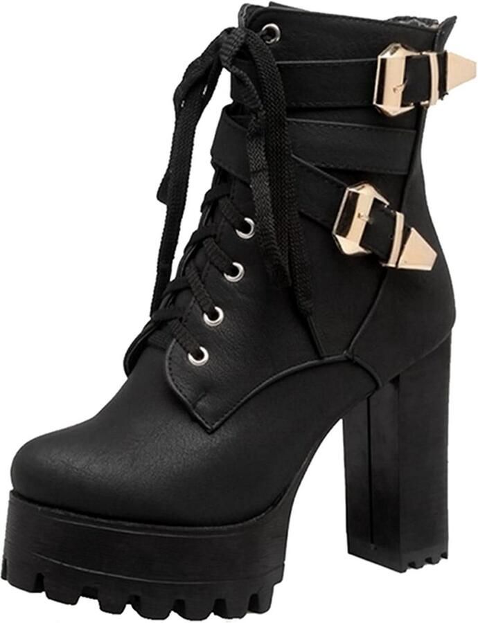 Dames Plateau Laarzen met Hoge Blokhak en Klinknagels Modieuze Enkellaarzen