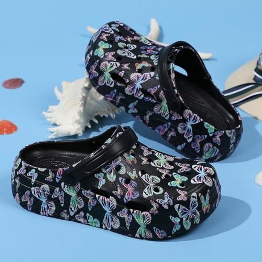 Dames Platform Clogs Slippers met Verwijderbare Inlegzool Zwart Vlinder
