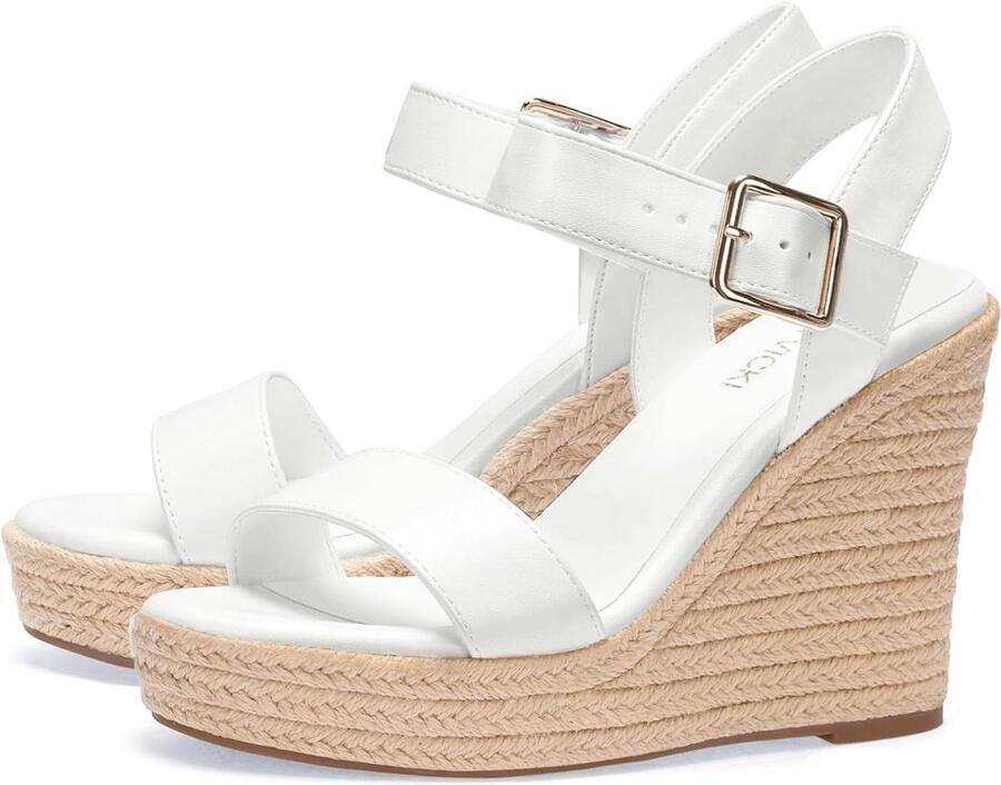 Dames Platform Espadrille Sandalen met Sleehak en Enkelband Wit
