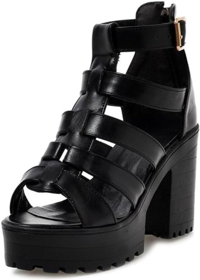 Dames Platform Sandalen met Blokhak en Rits Zwart