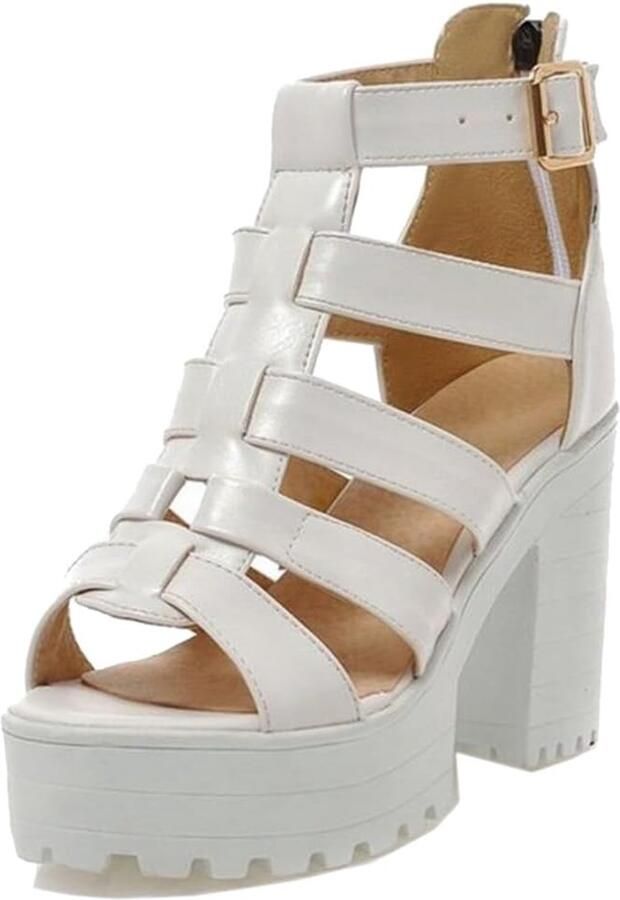 Dames Platform Sandalen met Blokhak en Rits Wit