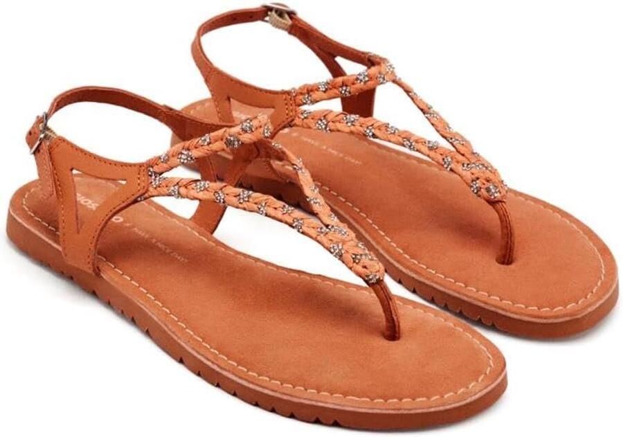 Dames Platte Sandalen Leer Gesp Rubberen Zool Roest Rood