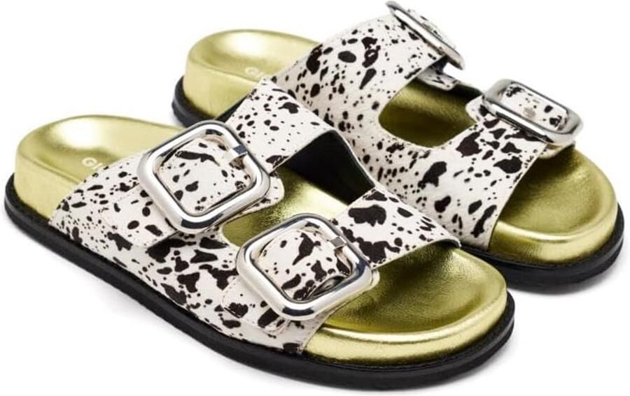 Dames Platte Sandalen Leer met Gespen en Koeienprint Comfortabele Zomer Sandaal