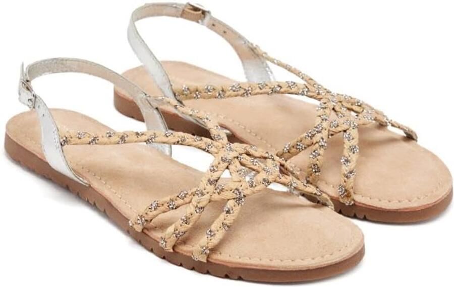 Dames Platte Sandalen met Strass en Gesp Beige