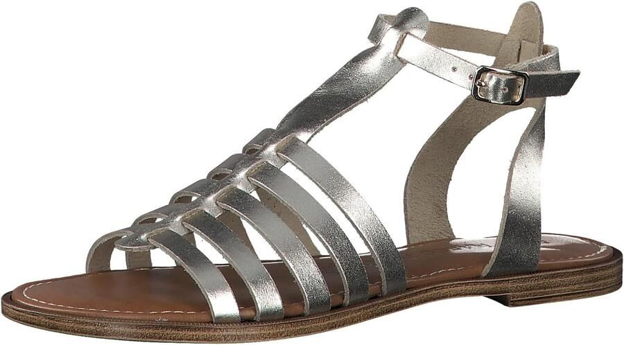 Dames platte sandalen van leer Romeinse stijl zilverkleurig