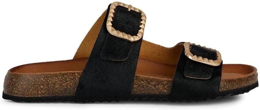 Dames Platte Sandalen Zwart Leer Slip-On Ademend