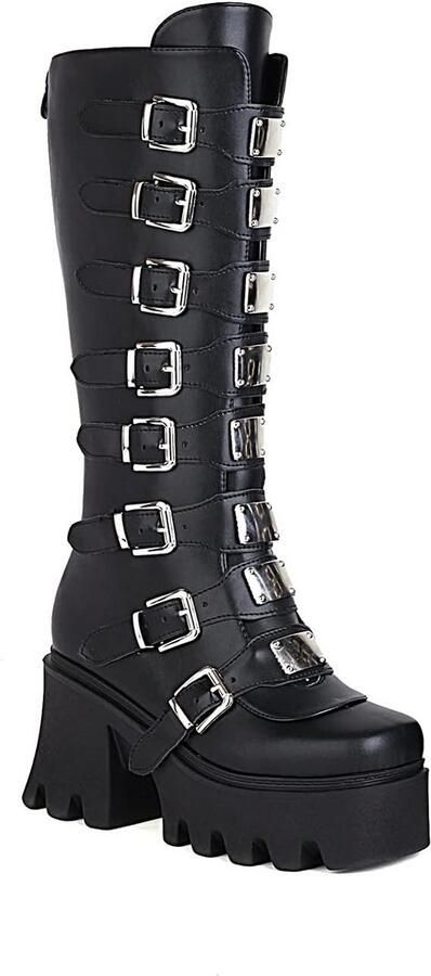 Dames Punk Goth Platform Laarsjes Mid-Calf Zwart Chunky Motor Combat Boots