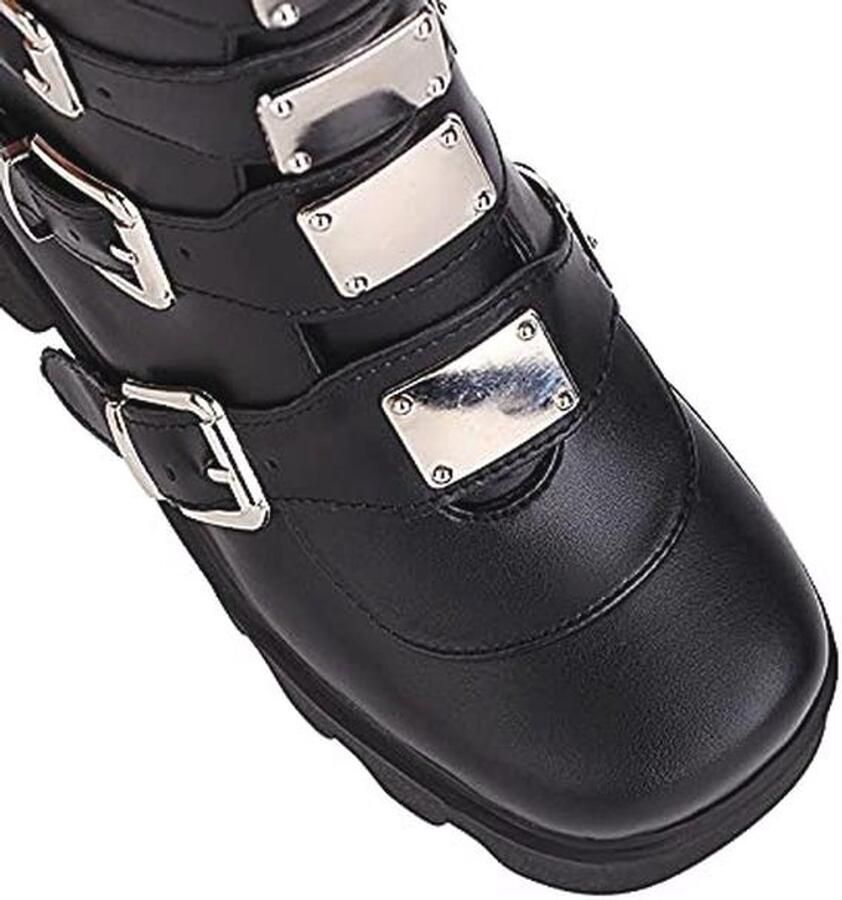 Dames Punk Goth Platform Laarsjes Mid-Calf Zwart Chunky Motor Combat Boots