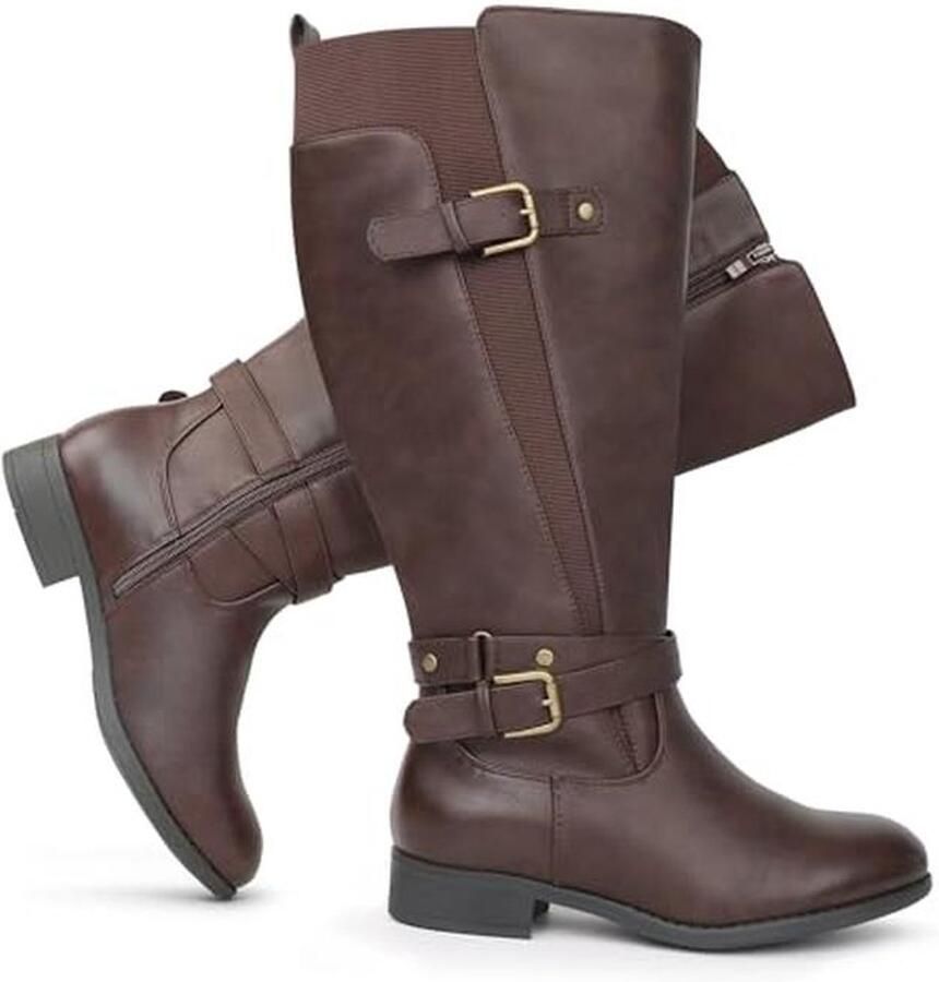 Dames rijlaarzen met extra brede schacht en lage hak slank design