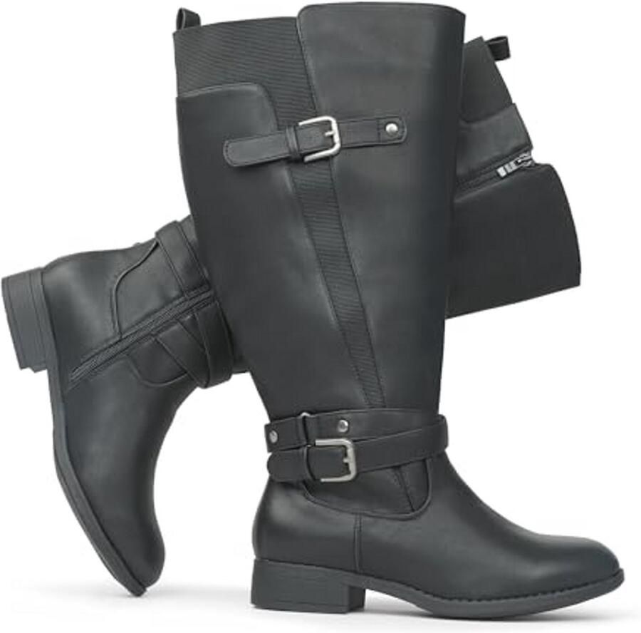 Dames rijlaarzen met extra brede schacht Lage hak enkelriem en slank design